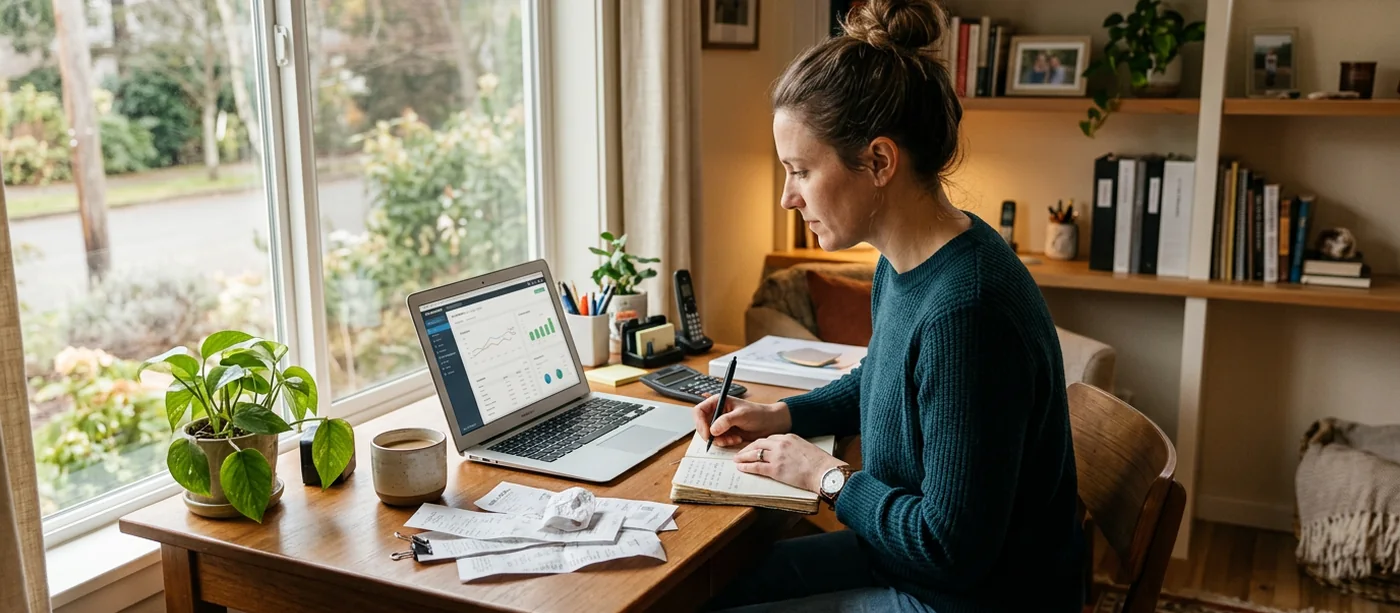 Receipts and a laptop during expense reporting