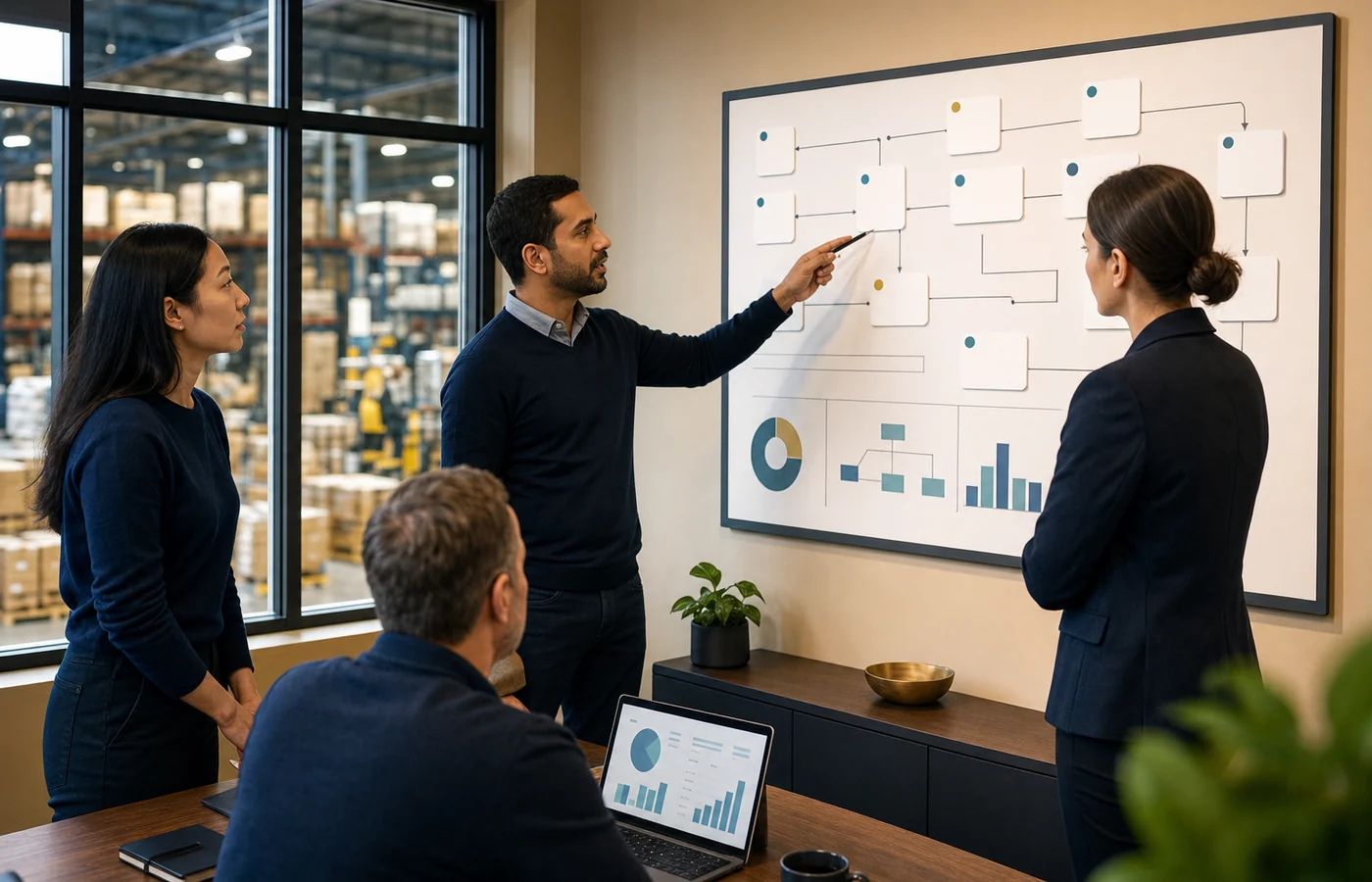 Consulting team reviewing an AI transformation roadmap in a modern office