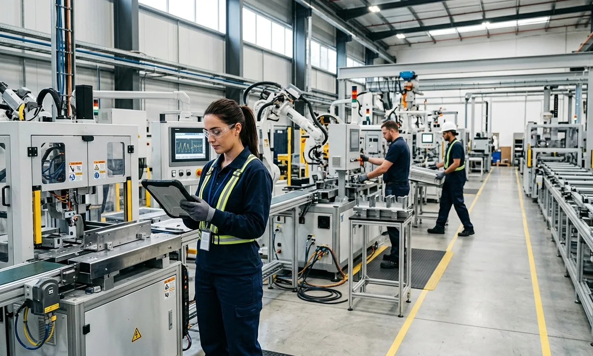 Workers on a modern manufacturing factory floor