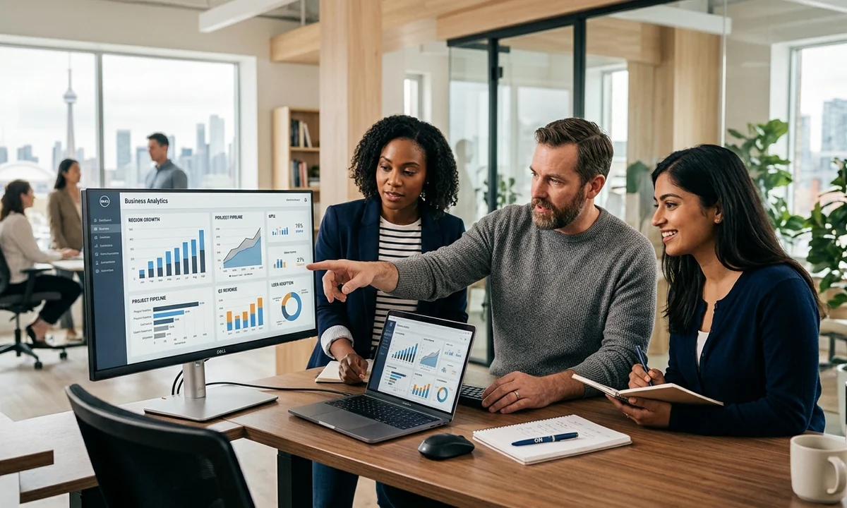 Ontario small-business team reviewing business analytics dashboards together in a modern office